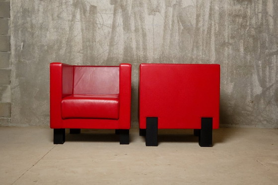 Image 1 of Poltrona Frau - Coppia di poltrone "Moji" in pelle rossa e faggio laccato nero - 2006 - Italia