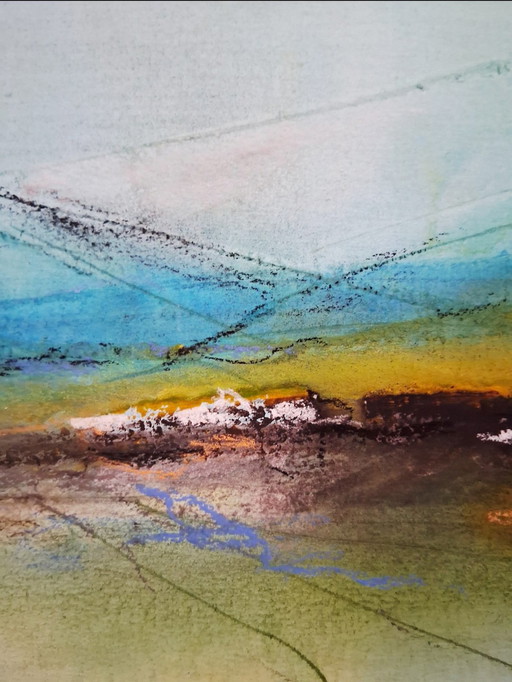 Primavera in collina, acquerello con pastello, dipinto con tecnica bagnato su bagnato