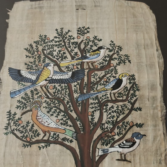Image 1 of Vintage Hand-Painted Egyptian Papyrus Artwork with Birds – Framed