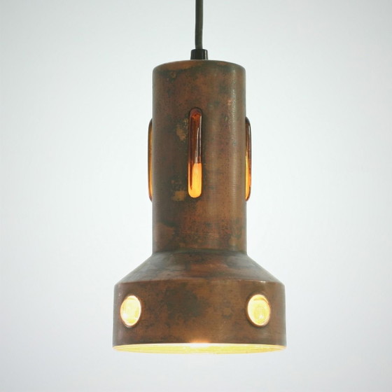 Image 1 of Ensemble de 2 suspensions Nanny Still pour Philips / Peill & Putzler, cuivre oxydé et verre ambré, années 1960