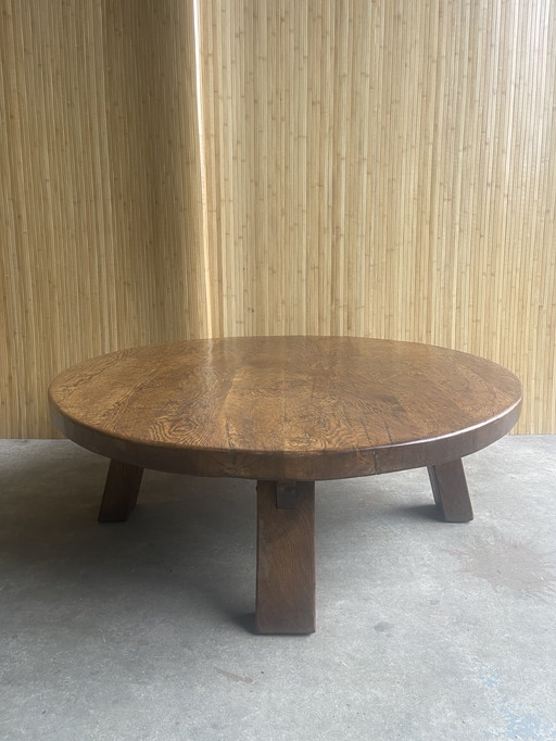 Vintage Massief Eiken Brutalist /Wabi-Sabi Ronde Salontafel