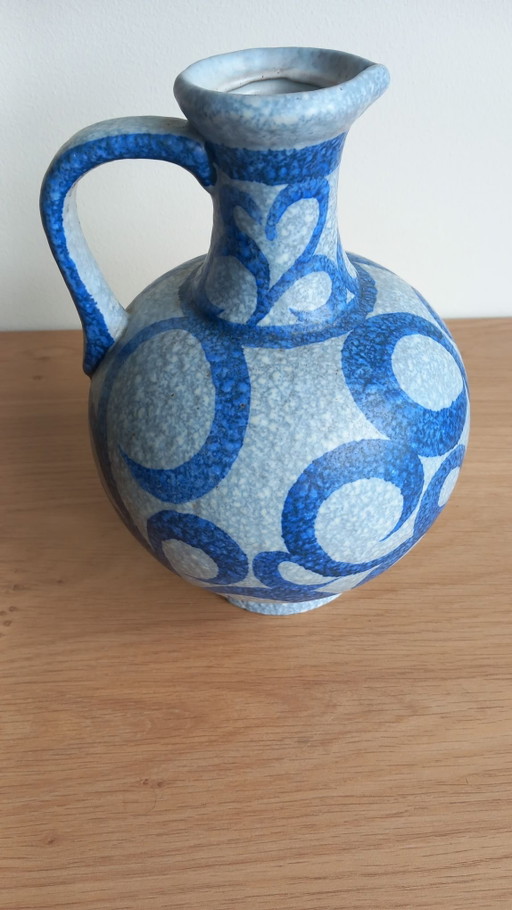 Jarrón / Jarra de Cerámica Vintage Mid-Century – Decoración de Círculos Azules (23 cm)