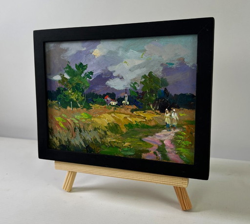 Original Oil Painting Summer Field Landscape Quiet Village In The Endless Expanses