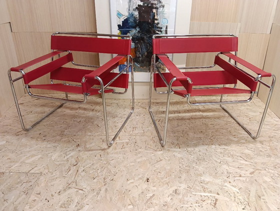 Image 1 of KNOLL Studio Set van 2 WASSILY B3 fauteuils (NIEUW) in rood leer