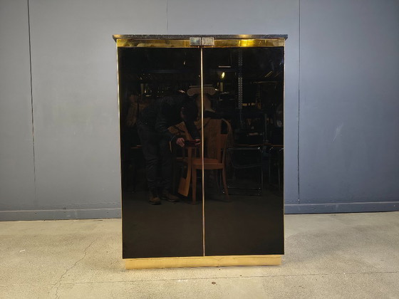 Image 1 of Bar de style Maison Jansen en laque noire et marbre, années 1970