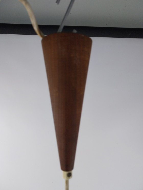 Image 1 of 1 lampada da sospensione in vetro e teak Louis Kalff per Philips degli anni '60