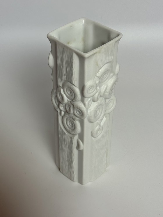 Image 1 of Elegant Square Matte White Porcelain Vase with Fossil Relief by HW Porzellan Karlsbader Wertarbeit Model 568/22. Germany, 1960s.