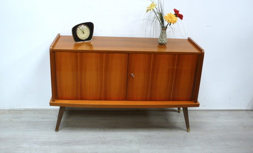 60s sideboard 2 doors, slanted legs, walnut + decor, solid wood, Mid - Century Modern