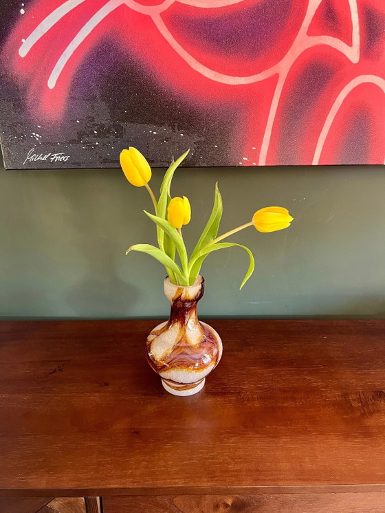 Foam Glass, Mid-Century Vase by Spiegelau with Brown Inclusions, Studio Glass, Hand-blown, Unused with Label (photo 2 of 8)