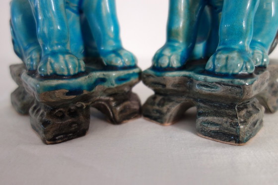Image 1 of Pair of Japanese Komainu dogs in green and turquoise glaze ceramic, vintage