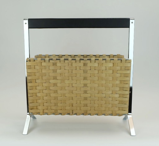 unusual 1970s vintage magazine rack newspaper holder chrome leather bamboo