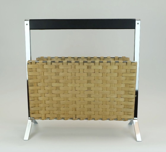 Image 1 of ongewoon 1970 vintage tijdschriftenrek krantenhouder chroom leer bamboe