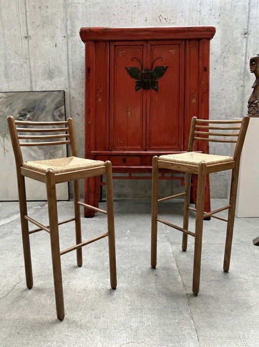 4x SGABELLI DA BAR IN VIMINI DI ROVERE MASSELLO