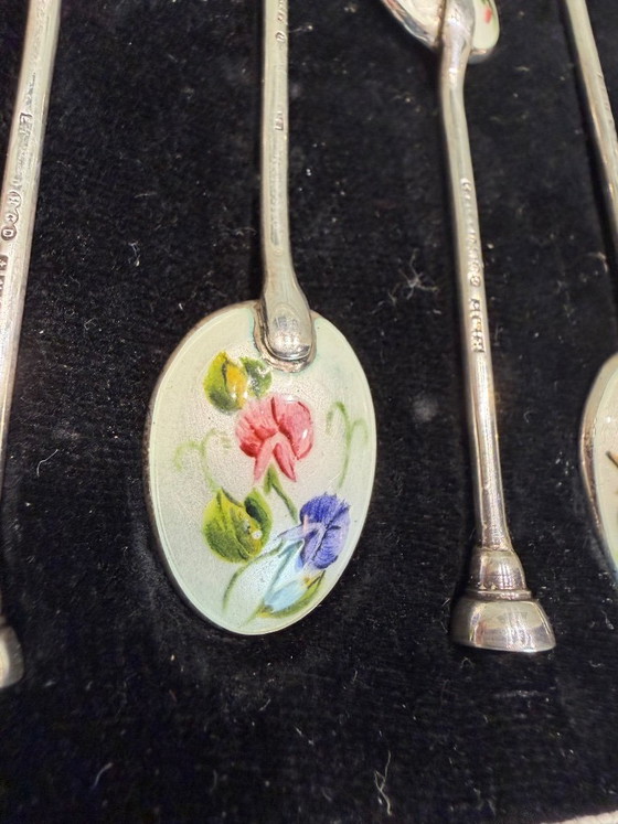 Henry Clifford Davis – 6 Cuillères à Moka en Argent Sterling 925 & Émail – Proud’s – 1959 – Jamais Utilisées (photo 7 of 18)