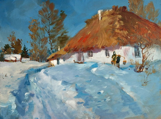 Image 1 of Original Oil Painting Winter Village Landscape Snowy village yard