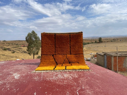 Moroccan Beni Ourain Berber Rug – Rust Orange & Mustard Yellow, Natural Wool, 230 × 210 cm