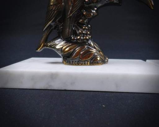 Pair of regule and marble bird sculpture bookends signed Frécourt art deco