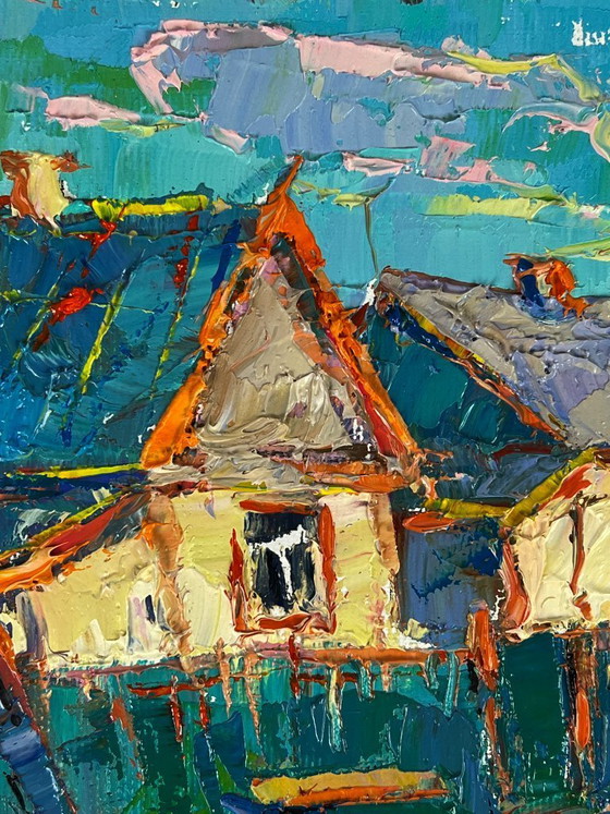 Image 1 of Original Oil Painting Rural Landscape Village A Walk along the Morning Street