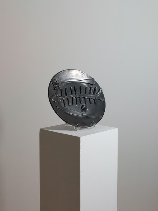 Brutalist Mid Century Vanitas Ceramic Plate with Silver Oxide Glaze