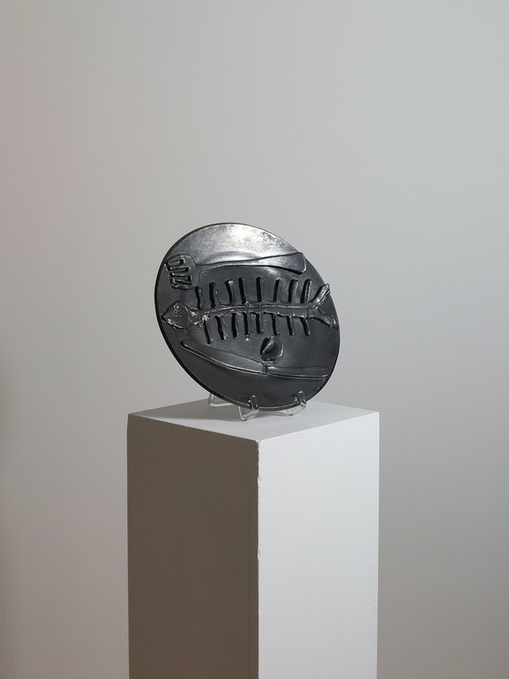 Image 1 of Brutalist Mid Century Vanitas Ceramic Plate with Silver Oxide Glaze