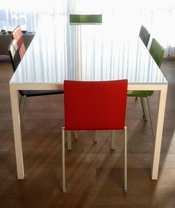 Image 1 of Designer table with white base, frosted glass tabletop; 180x99.50x74cm, detachable