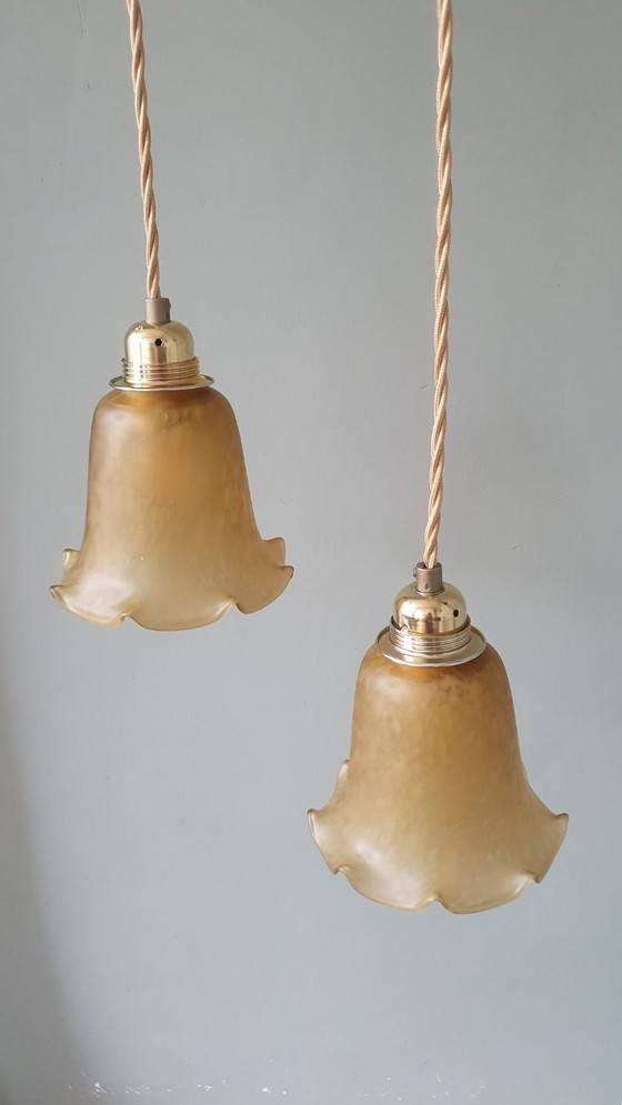 Image 1 of Set van 2 Vintage Murano hanglampen - Mid Century - amber kleur