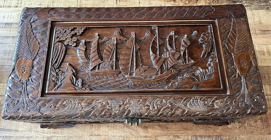 Image 1 of Antique Chinese camphor chest with rich wood carving