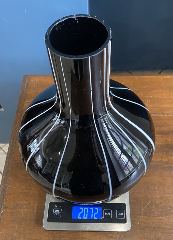 Vintage 1950s Black Glass Vase with White Trim (photo 3 of 16)