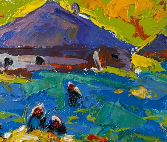 Image 1 of Original Oil Painting Evening Village Landscape Golden Harvest