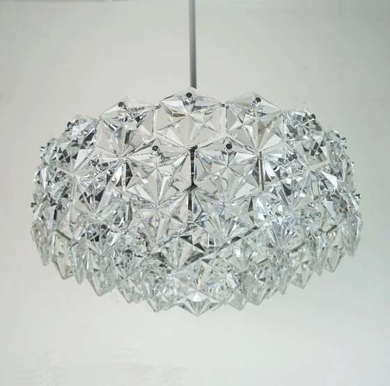 Image 1 of elegant kinkeldey mid century CHANDELIER pendant light crystal glass and chrome plated metal with 66 glass prisms 1960s