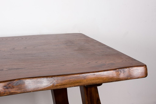 Large Brutalist style dining table, farmhouse style, in solid elm in the style of Olavi Hanninen 1960.