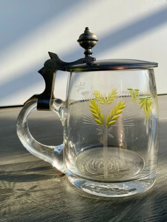 Image 1 of Boccale da birra antico con coperchio in peltro e smalto dipinto a mano (0,4 l)