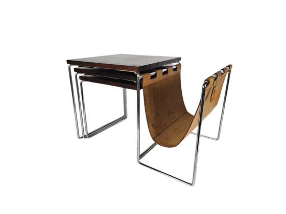 Image 1 of Dutch Design - Brabantia Holland - Mime Set - Reading Rack - Vintage Side Table With Cognac Saddle Leather Reading Rack - 60's