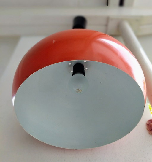 Vintage orange painted metal pendant lamp, extendable, Italy 1973
