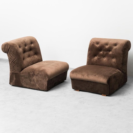 Coppia di Poltrone in Velluto Marrone Anni '70 Vintage Moderniato