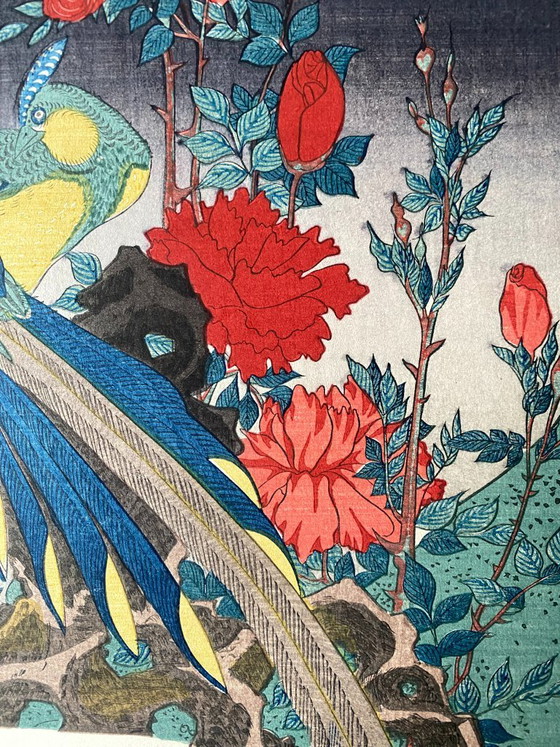 Image 1 of Estampe japonaise authentique sur bois - Oiseaux et fleurs - Éventail - Regravée dans les années 1920