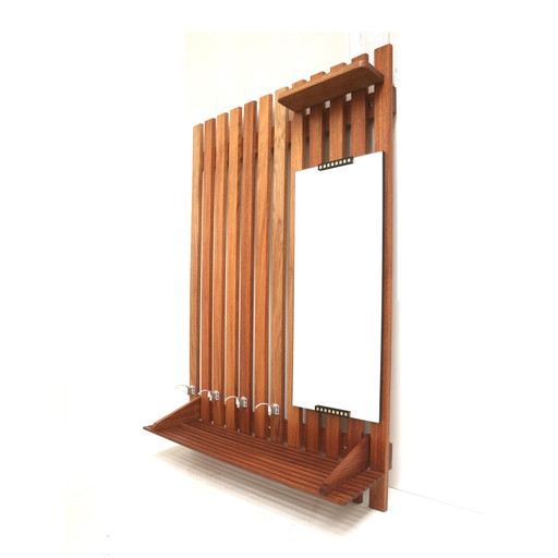 Large vintage coat rack with teak mirror and rack