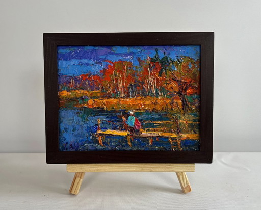 Original Oil Painting Autumn River Landscape Autumn mood near the river