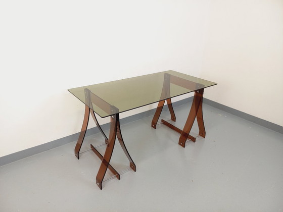 Image 1 of Scrivania vintage di Marcello Gacita e Pierre Tiberi per Rodet in vetro fumé, plexiglass e metallo cromato degli anni &#39;70