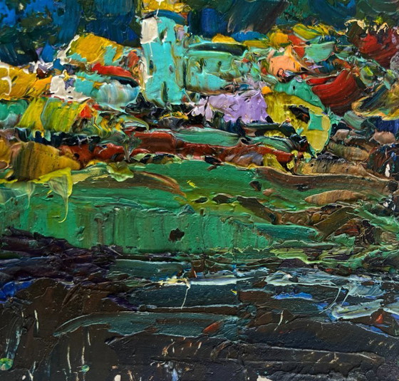 Image 1 of Original Oil Painting Night Village Landscape The moonlit night illuminates