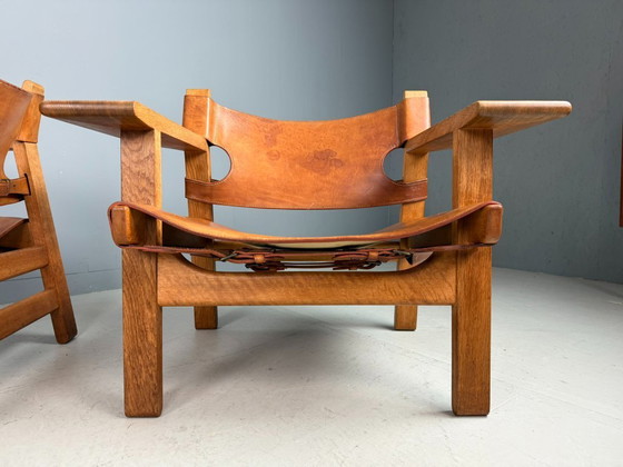 Image 1 of 2x Børge Mogensen Cognac-Leder und Eiche, spanischer Stuhl für Fredericia, 1960