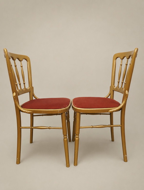 Set di 8 sedie vintage Napoleon/Chiavari | Finitura oro | Rivestimento bordeaux | Vienna – Poltrone, Wood (photo 4 of 6)