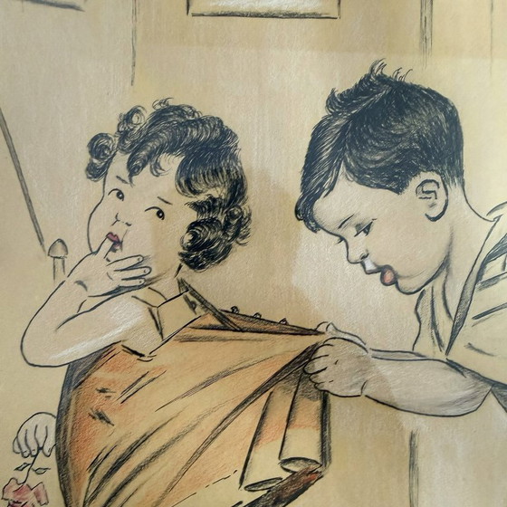 Antique French drawing, Men are good for something after all!, Paintings & Drawings, Paper, Wood, Brown (photo 8 of 9)