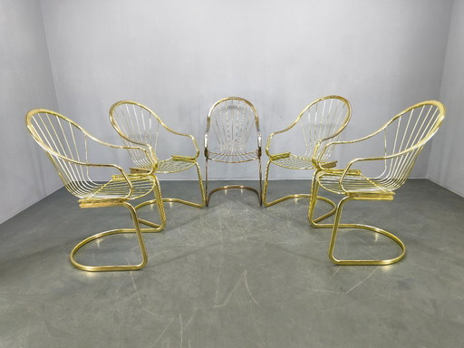 Set of 5 Gastone Rinaldi Brass Dining Chairs for Rima, Italy 1970s