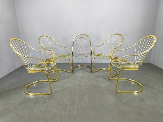 Image 1 of Set of 5 Gastone Rinaldi Brass Dining Chairs for Rima, Italy 1970s