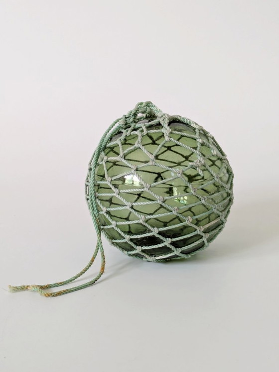 Image 1 of Satz von 3 antiken französischen Fischschwimmern, grünes Glas mit Netz