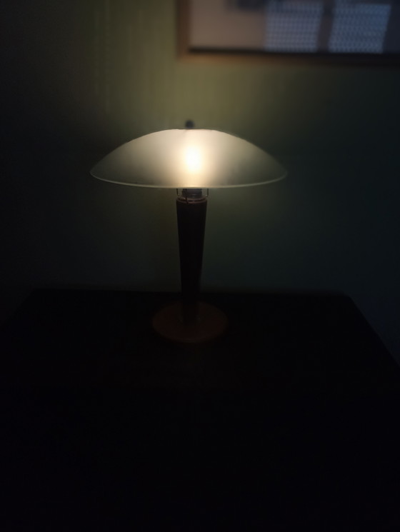 Image 1 of Rare Vintage Lumess "Mushroom" Table Lamp – Swiss Design – Wood & Matte Glass