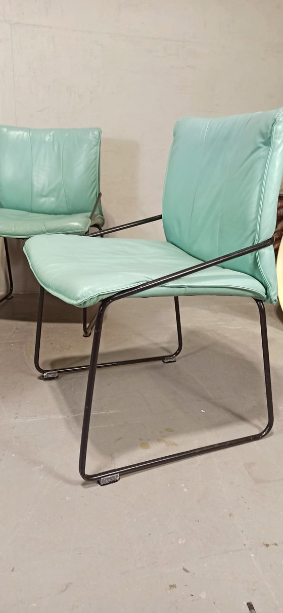 Image 1 of 4 x vintage Italiaanse leren eetkamerstoelen