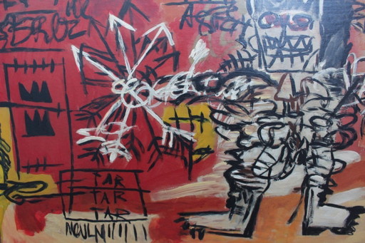 After Basquiat, Neo-Expressionist Composition, 1980s, Oil & Wood