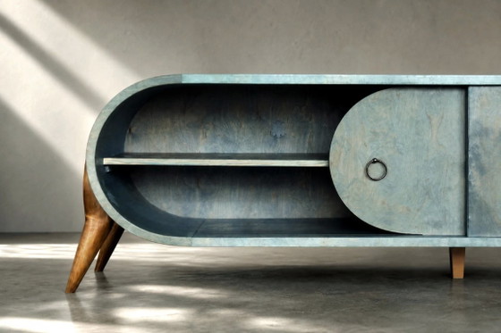 Image 1 of Credenza in legno stile Mid-Century Modern italiano, colore turchese, linee aerodinamiche, anni '60.
